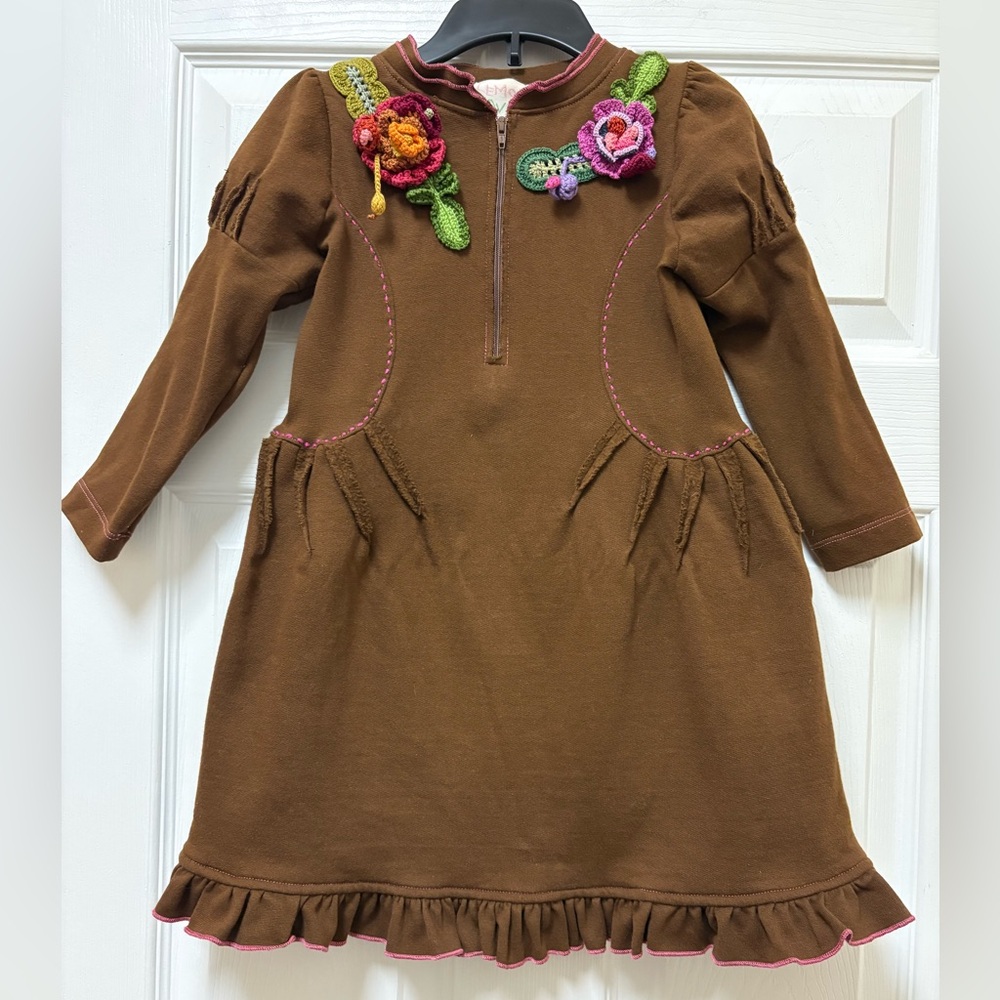 Lemon Loves Lime VINTAGE HTF Brown Dress with Floral Accents Girls size 3-4 Yrs